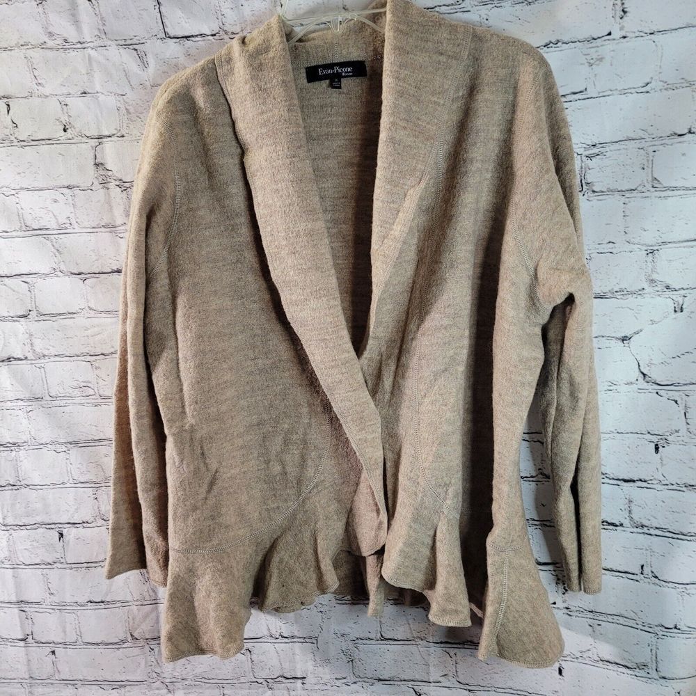 Evan-Picone Cardigan Womens 1X Beige Excllnt 100% Wool Peplum Shawl JBQ96YC3-4UE